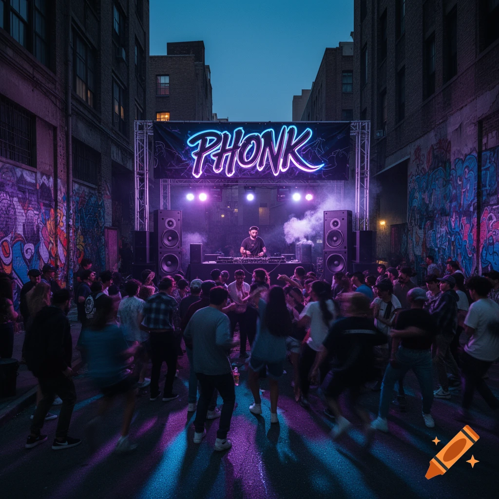 A DJ performs under a neon 'PHONK' sign, with purple and blue lights, for a dancing crowd in an urban alleyway at night.