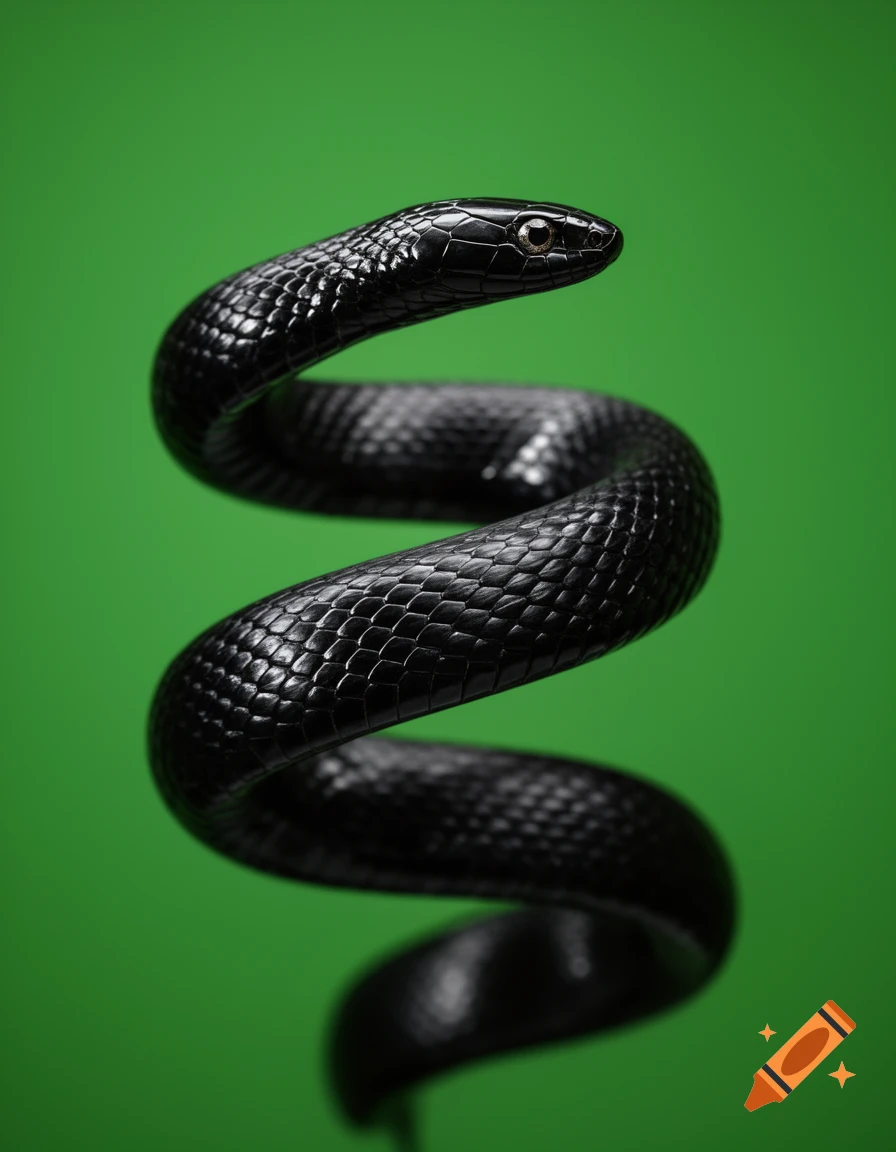 A sleek black snake with detailed scales coils elegantly against a vibrant green background.
