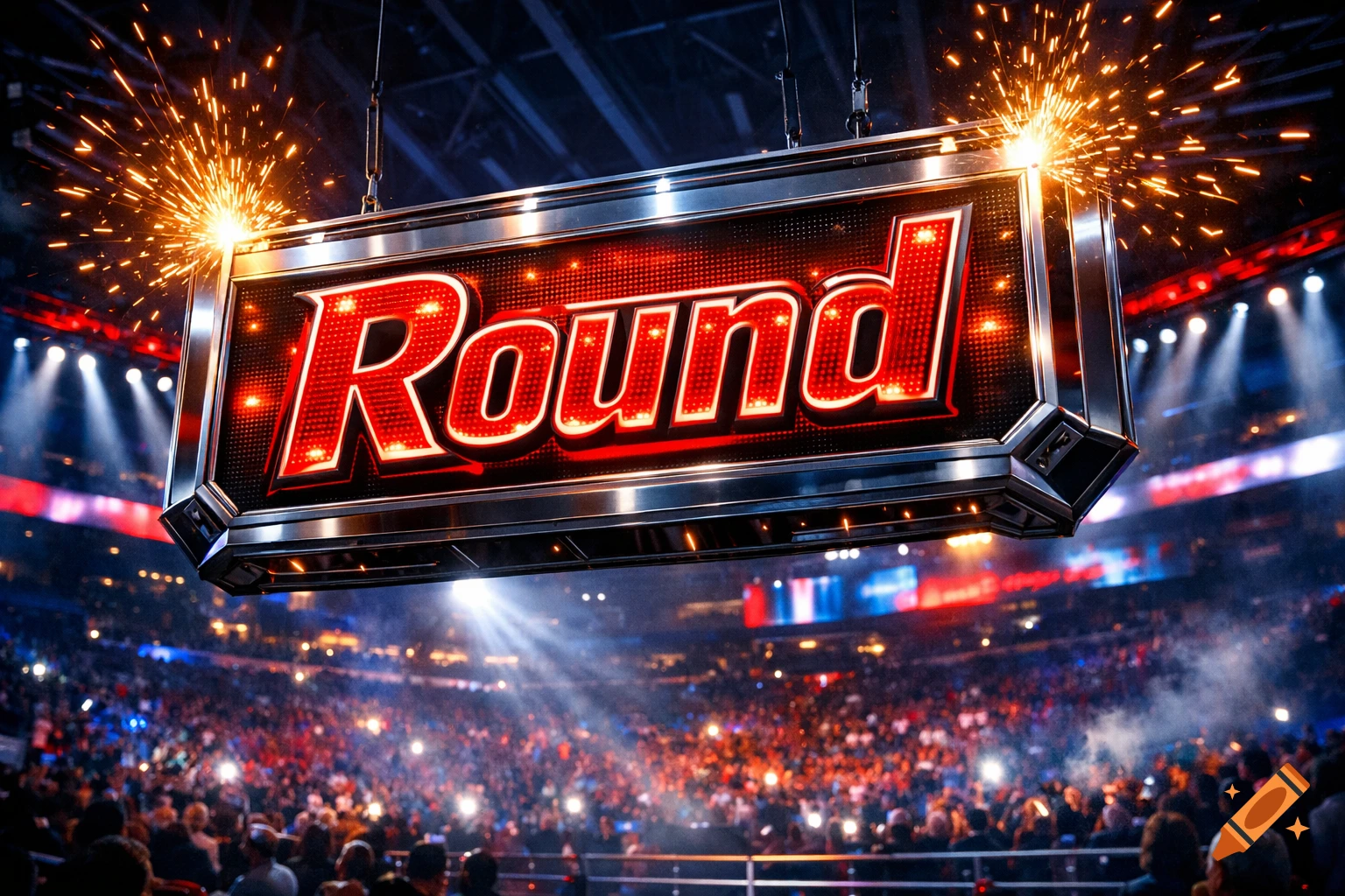 A glowing 'Round' sign hangs above a large boxing arena filled with a cheering crowd and bright lights.