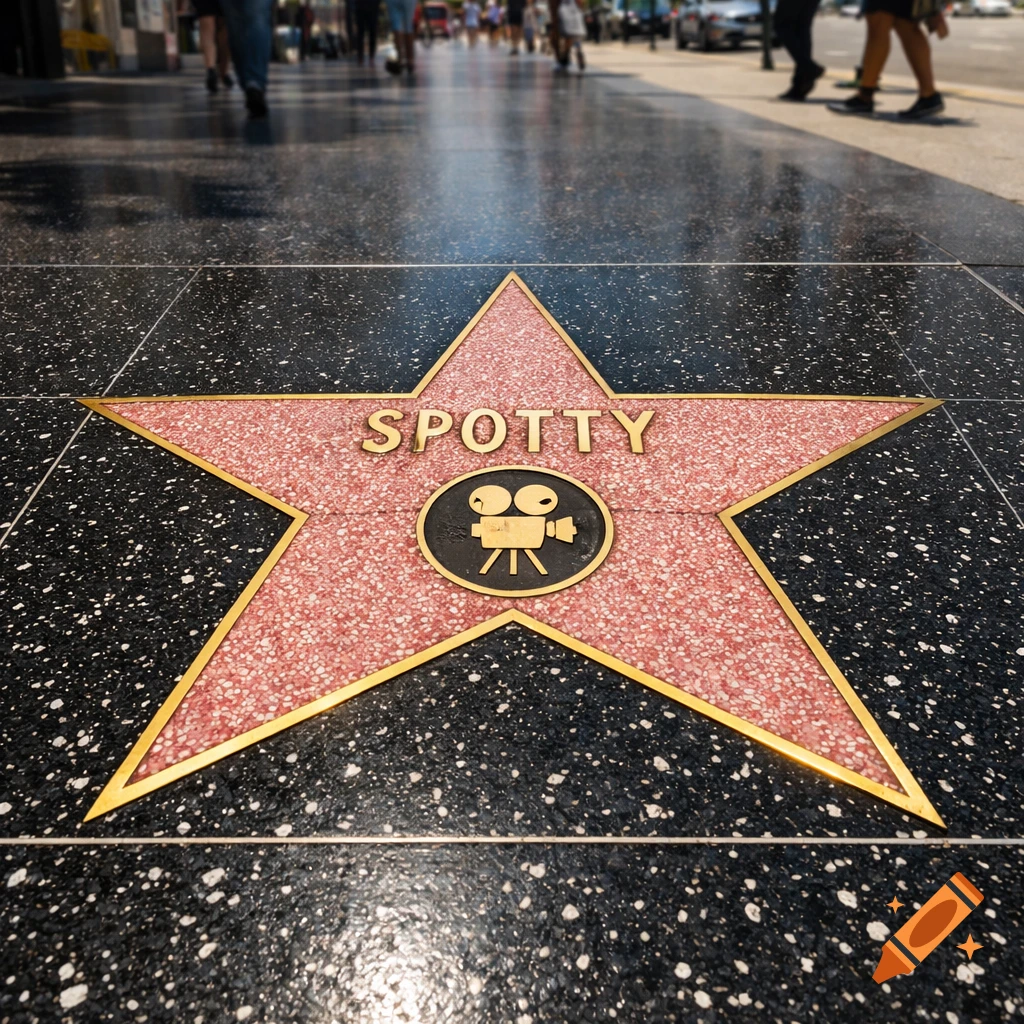 A close-up of a pink Hollywood Walk of Fame star with the name SPOTTY and a film camera icon on a speckled sidewalk.