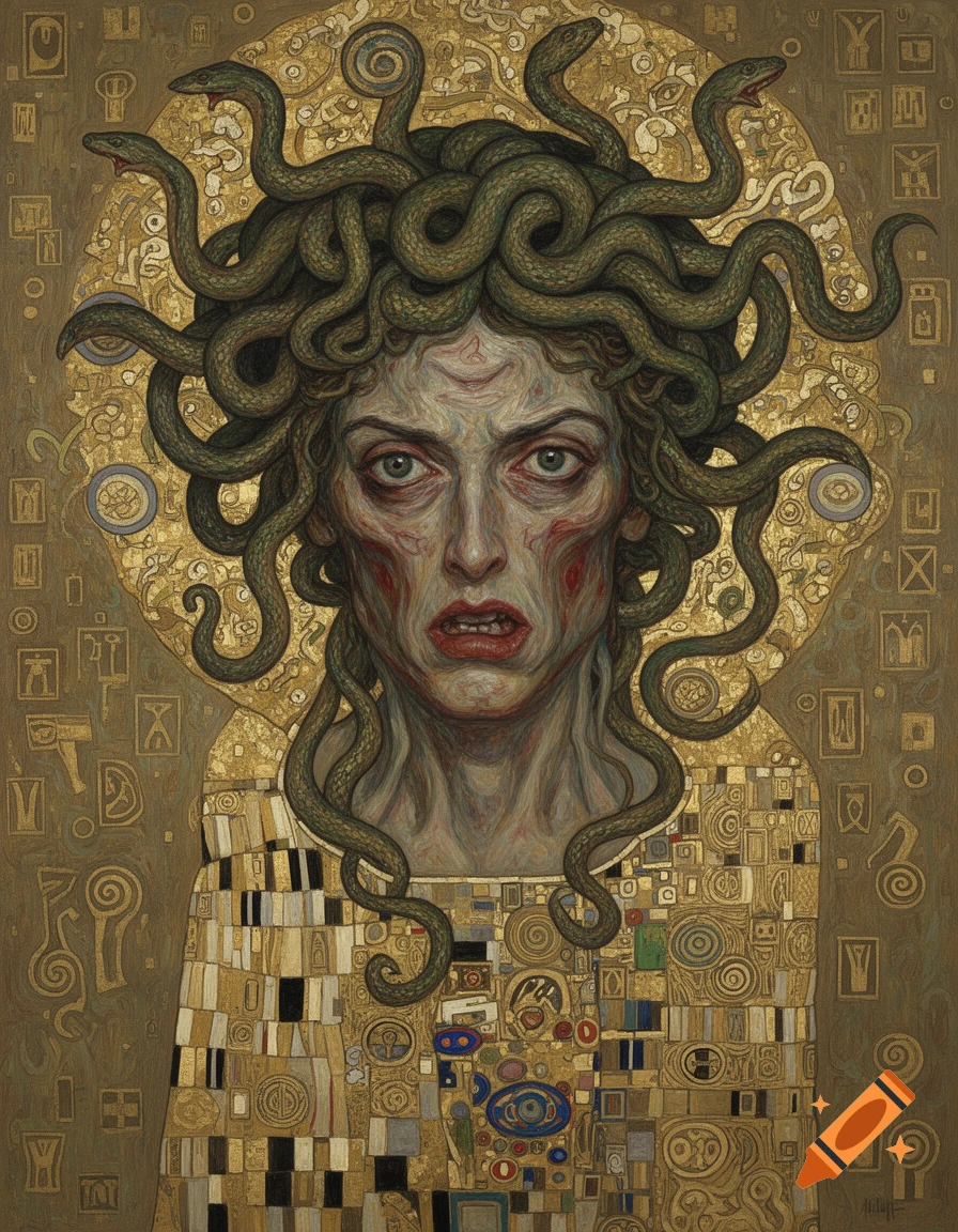 Intense portrait of Medusa with snakes for hair, distressed expression, against a gilded Art Nouveau background in a painting style like Klimt.