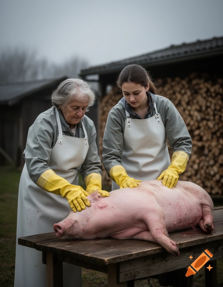 Two women in aprons and yellow gloves prepare a slaughtered pig on a wooden table outdoors, with a rural background.