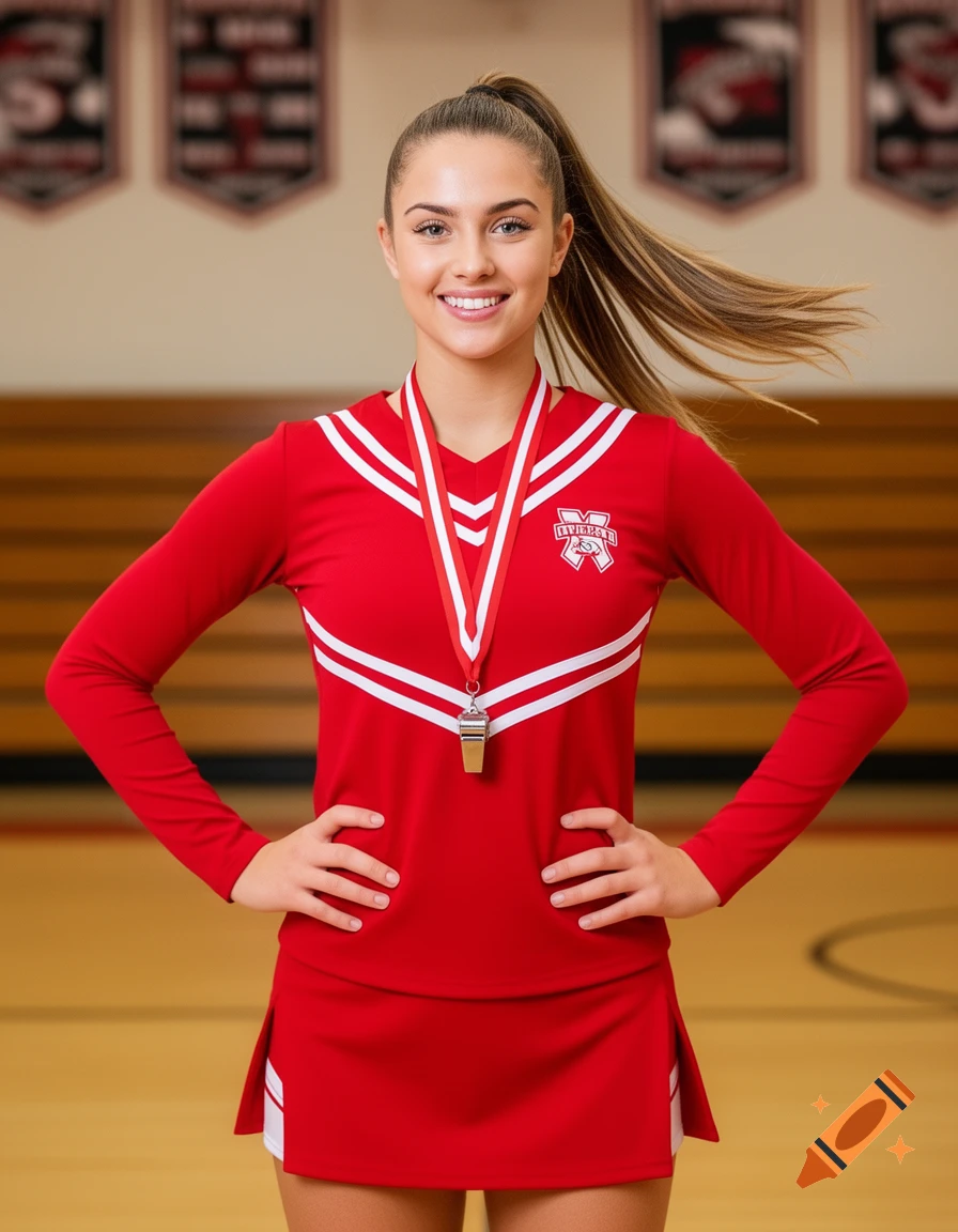 A smiling young female cheerleader in a red uniform with a whistle around her neck, hands on hips, on a basketball court.