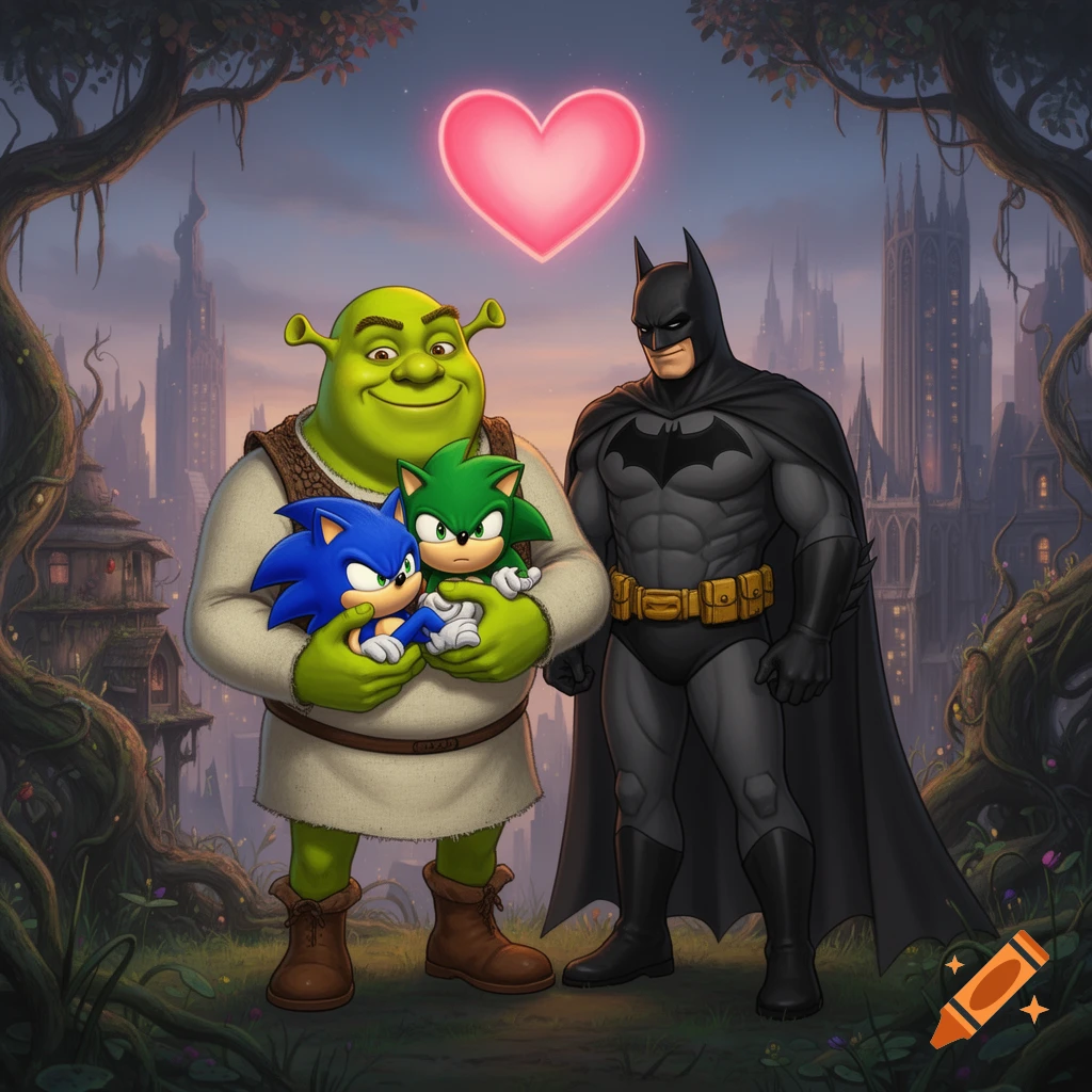 Shrek holds two baby hedgehogs (Sonic-like), next to Batman under a glowing pink heart, with a gothic city background.