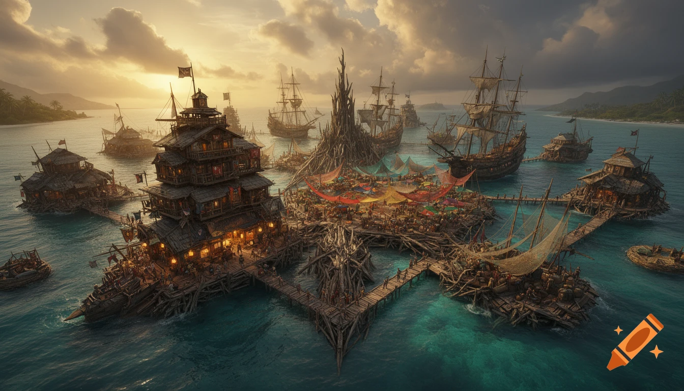 Aerial view of a detailed fantasy pirate settlement with a market, ships, and ramshackle buildings floating on turquoise Caribbean water at sunset.