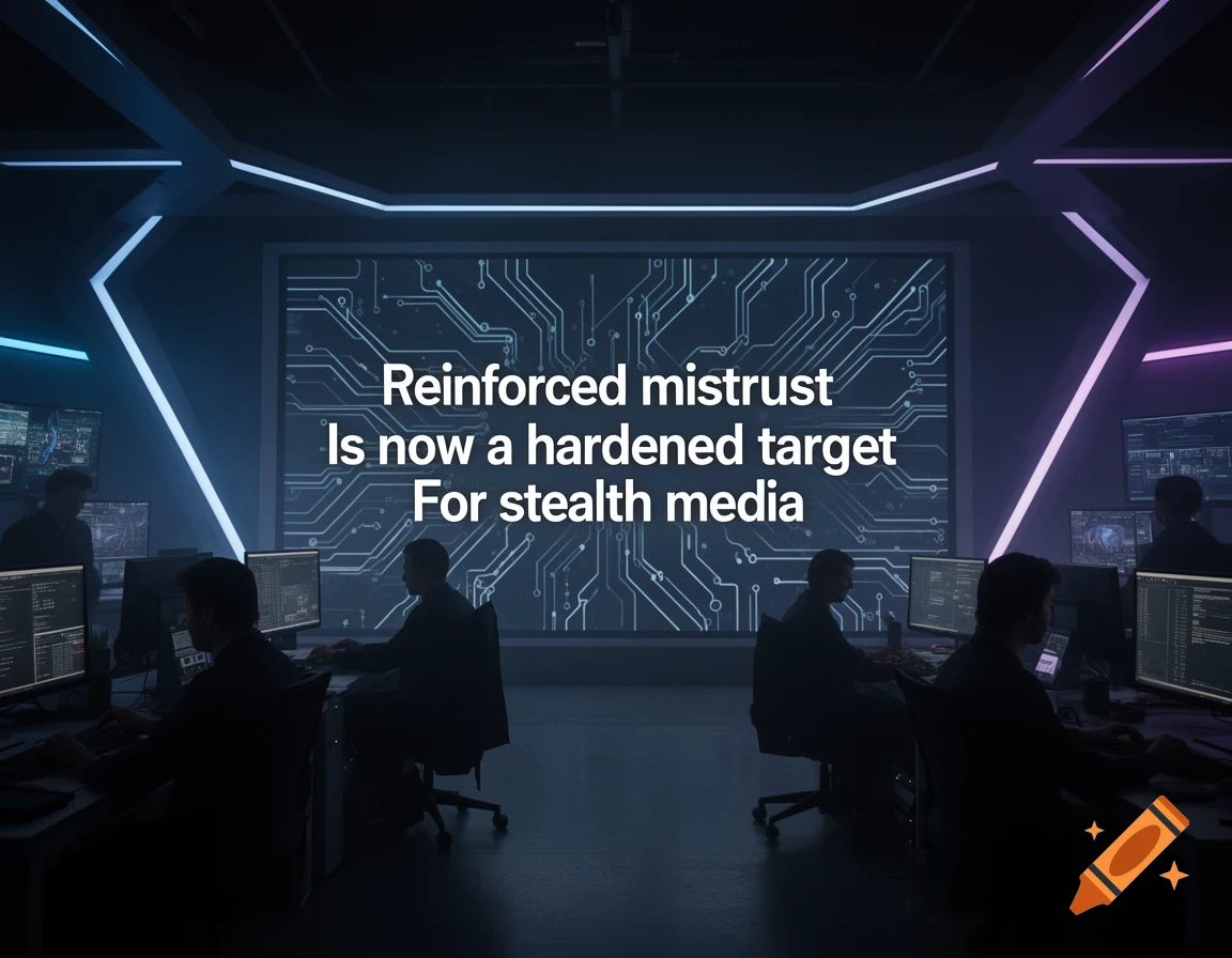Futuristic control room with silhouetted workers at computers and neon lights. A large screen shows circuit board graphics and the text 'Reinforced mistrust Is now a hardened target For stealth media'.