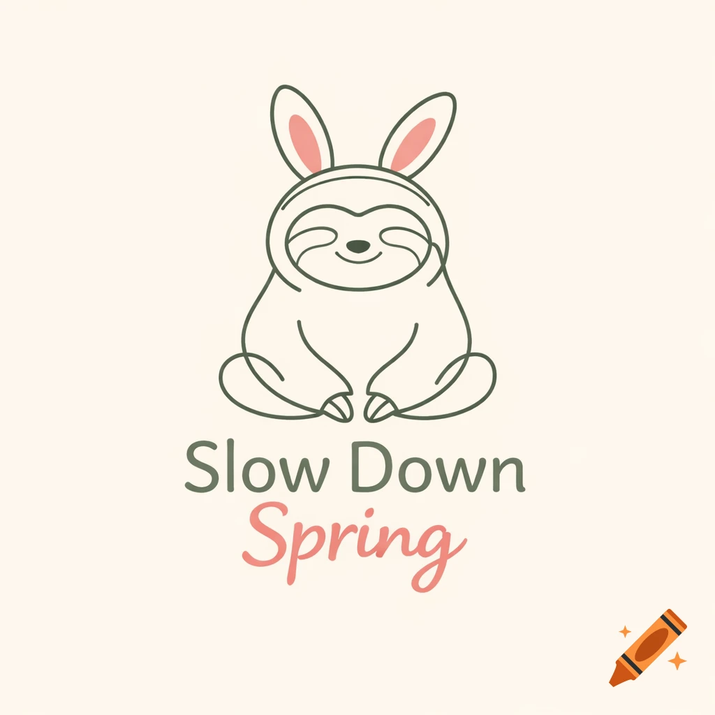 Minimalist vector illustration of a cute sloth with bunny ears and text "Slow Down Spring" on a cream background.