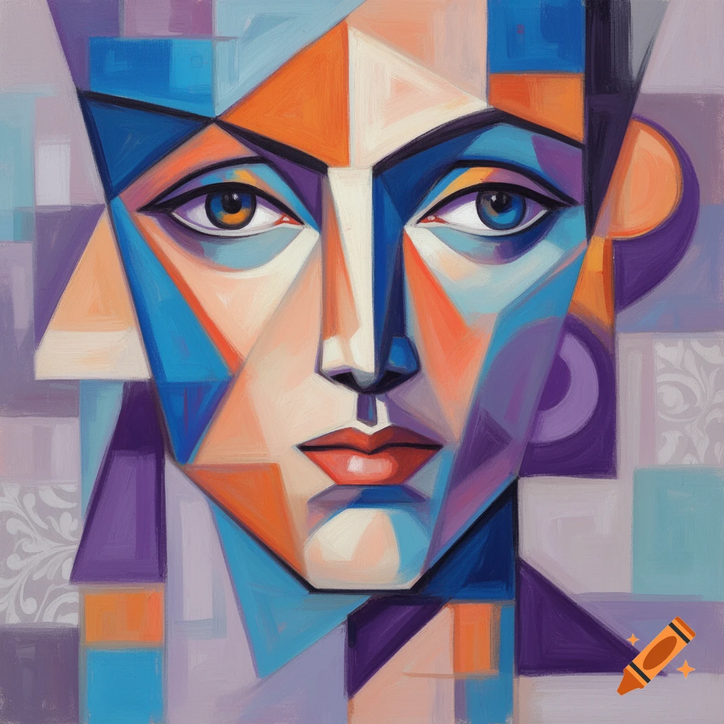 A cubist-style painting of a face composed of vibrant blue, orange, and purple geometric shapes.