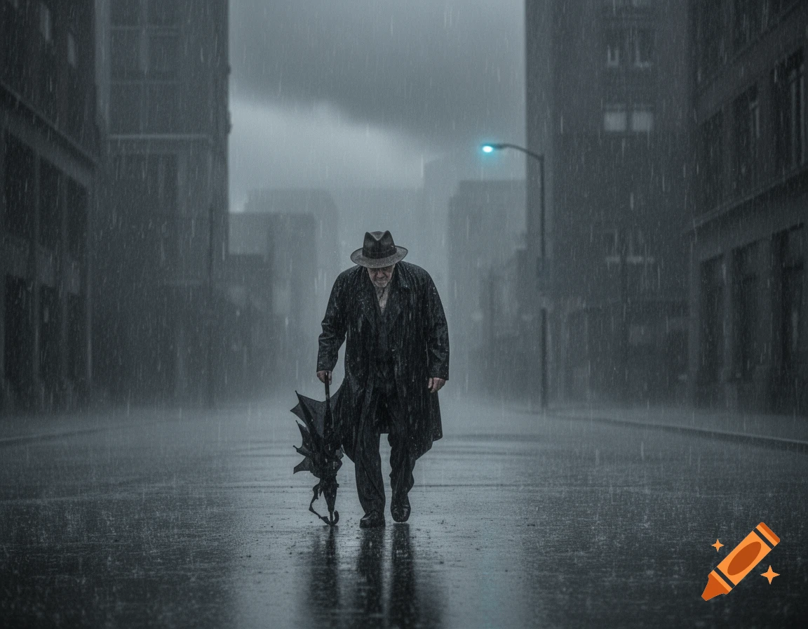 A man in a trench coat and hat walks down a wet city street in heavy rain, carrying a closed umbrella, in a gloomy, photorealistic style.