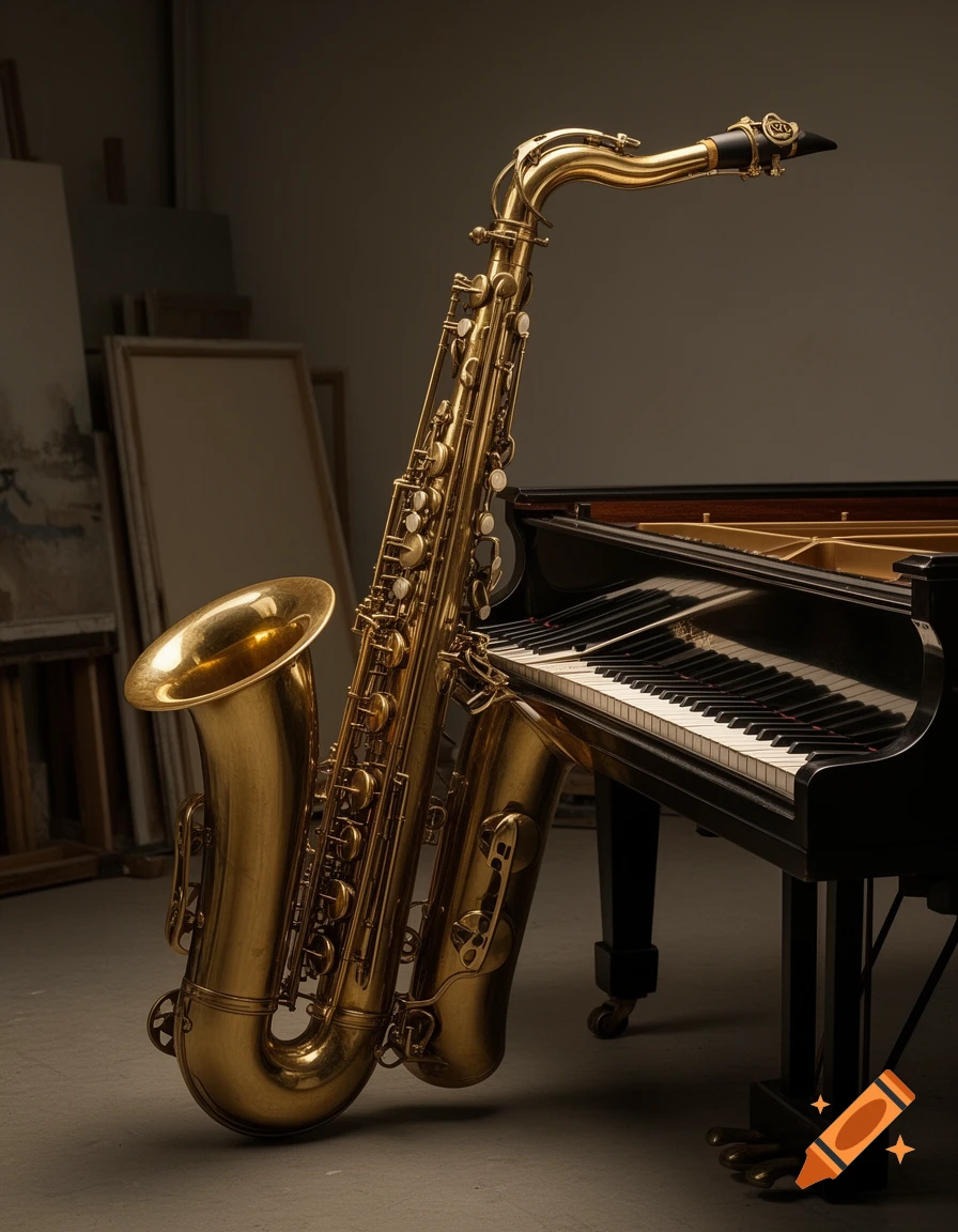 A gold saxophone leans against a black grand piano in a dimly lit room.