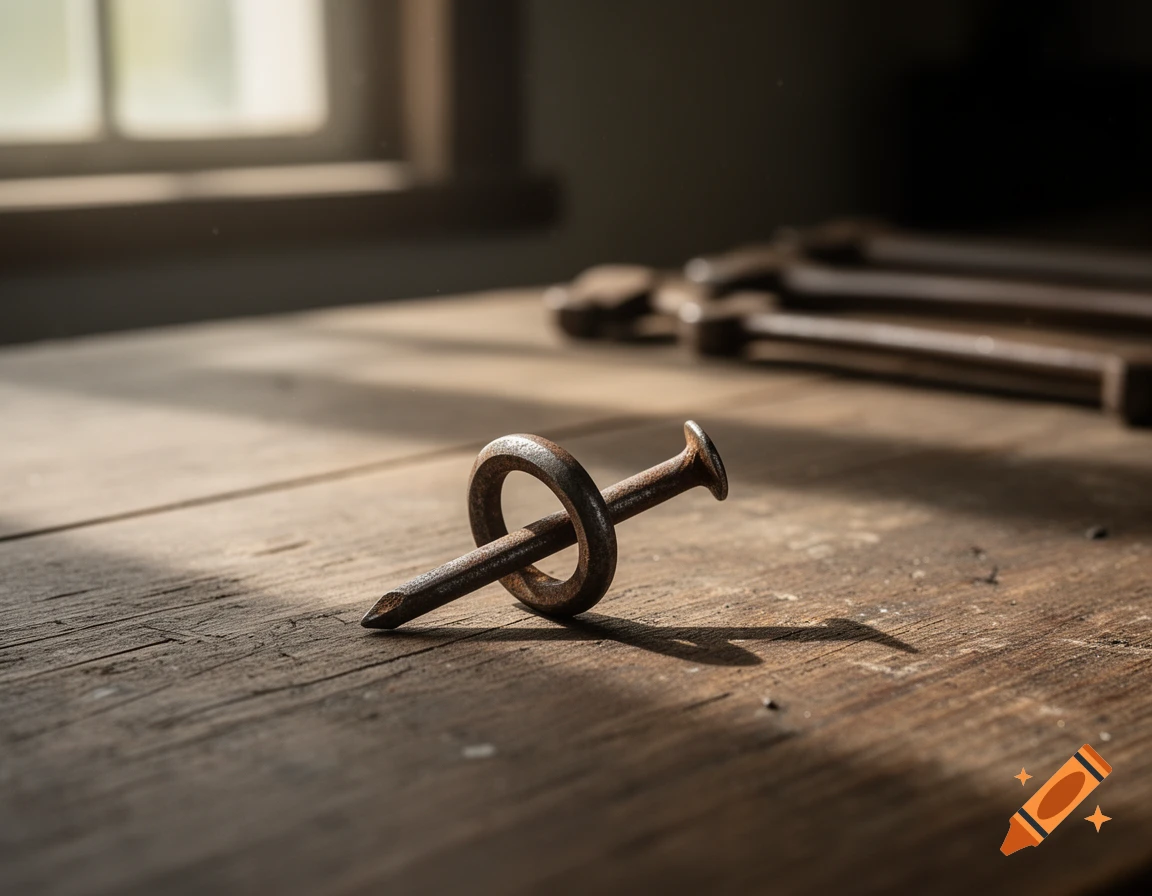 A rusty metal nail tied in a knot lies on a weathered wooden table, illuminated by natural light from a window.