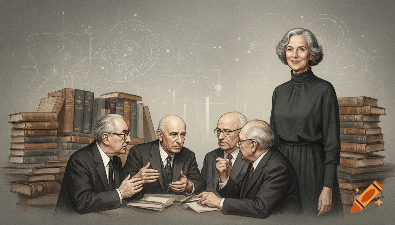 An illustration of four older male philosophers in suits discussing at a table with open books, while an older woman stands smiling behind them. The background features abstract lines and circles.