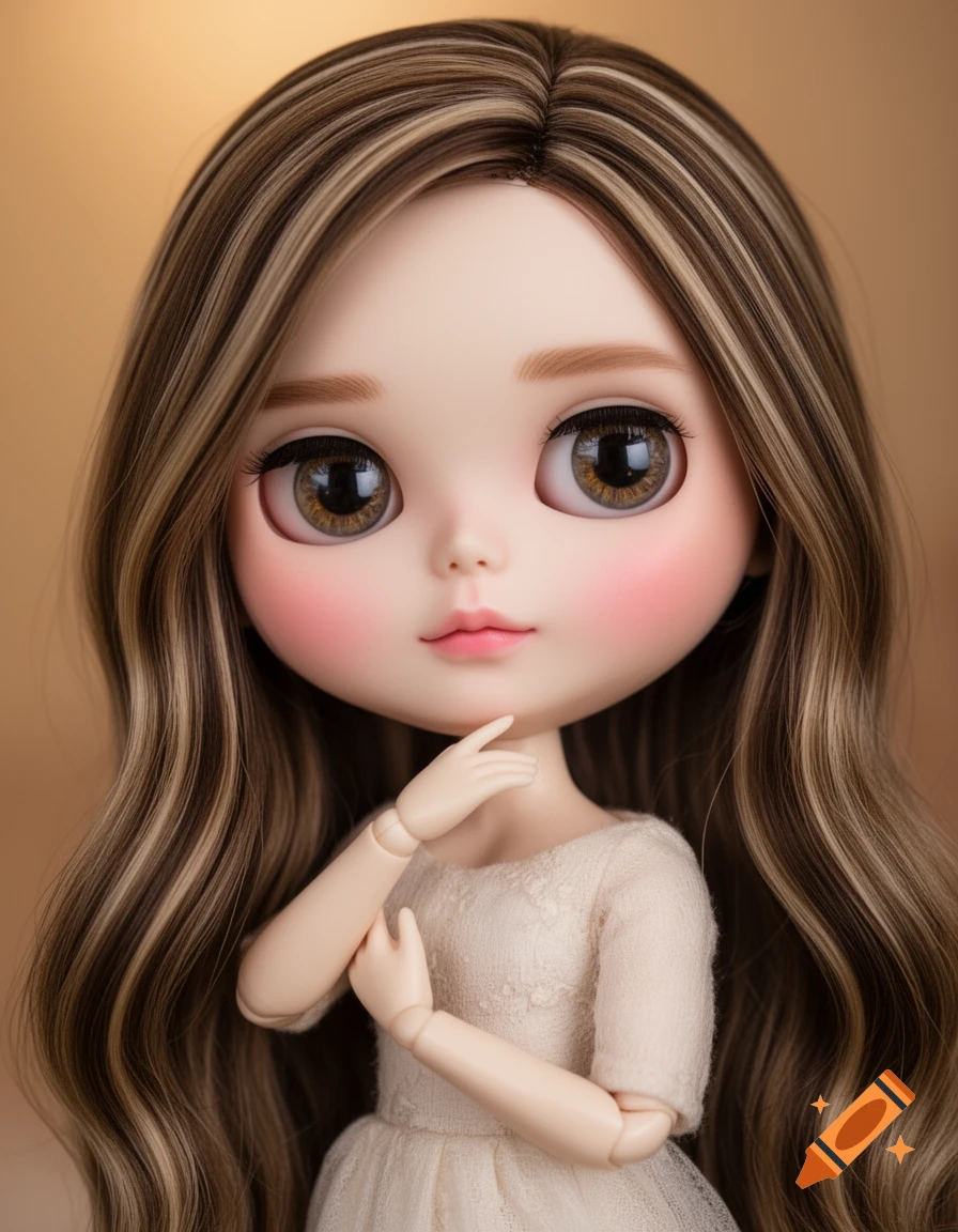 Close-up portrait of a Blythe doll with long brown hair, large brown eyes, and rosy cheeks, wearing an off-white dress.