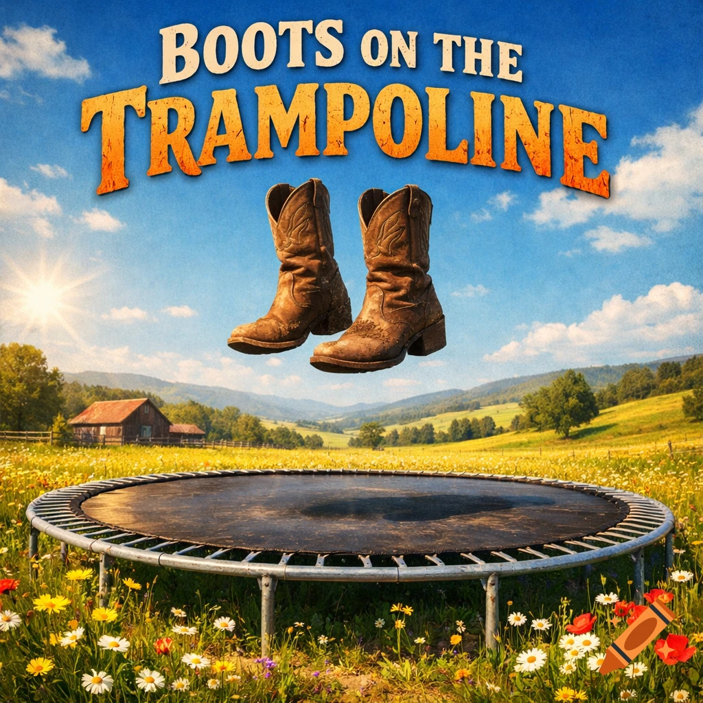 Album cover with brown cowboy boots floating above a trampoline in a sunny field. Text: 'BOOTS ON THE TRAMPOLINE'.
