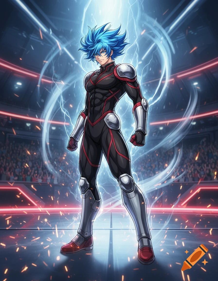 An anime fighter with spiky blue hair in a black and red armored suit stands in a brightly lit arena, surrounded by lightning.