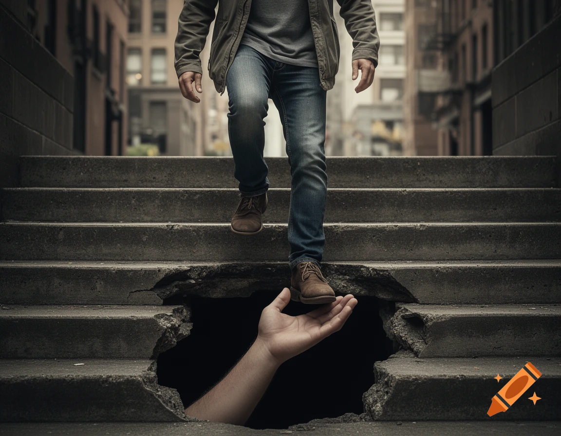 Photorealistic image of a person ascending concrete stairs in an urban setting, with one foot held by a hand emerging from a broken step.