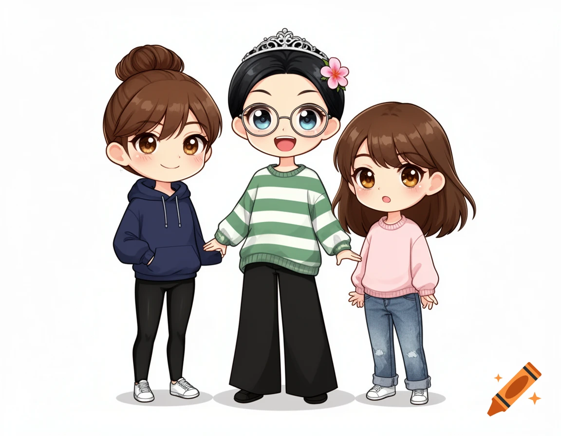Three smiling chibi girls, wearing a navy hoodie, a green striped sweater and glasses, and a pink sweater and blue jeans.
