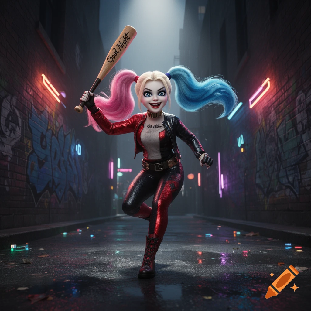 A 3D render of Harley Quinn in an alleyway, smiling and holding a baseball bat with "Good Night" written on it. She wears her classic red and black outfit with pigtails. Neon lights illuminate the graffiti-covered walls.