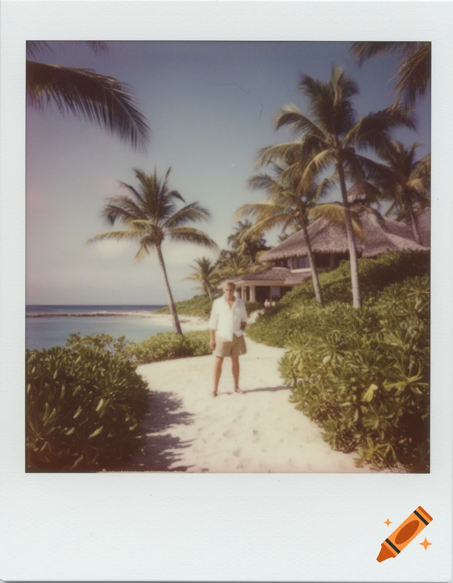 A faded polaroid photo of a man in a white shirt and shorts on a sandy path on a tropical island with palm trees and ocean.