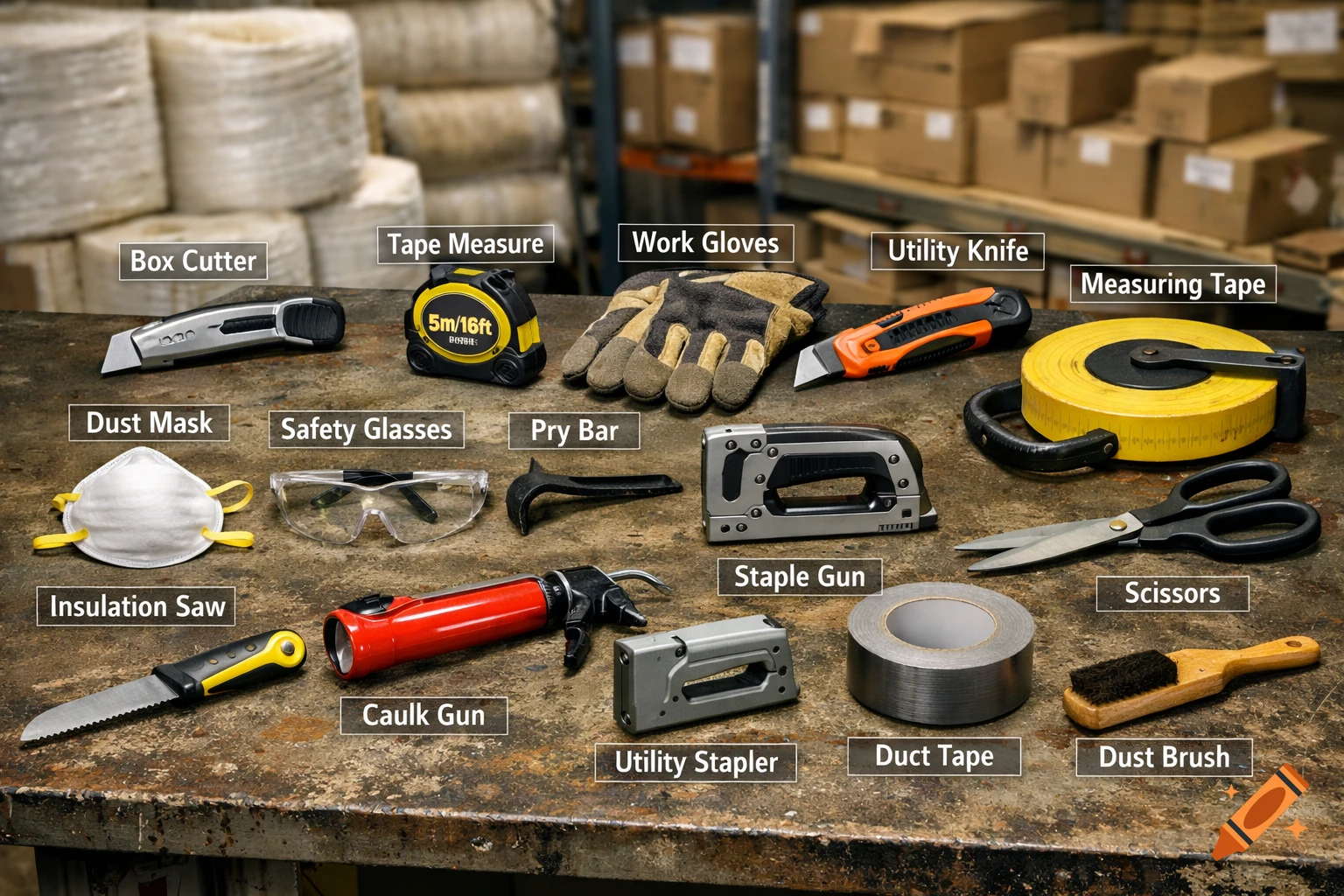 Photorealistic image of various hand tools and safety equipment like tape measures, gloves, box cutters, and a staple gun laid on a metal table, with a blurred warehouse in the background.