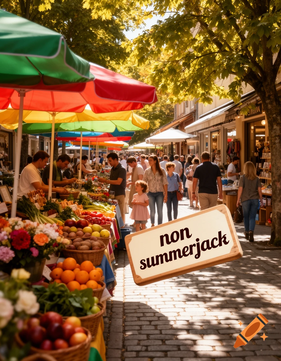 A bustling outdoor market street with colorful umbrellas, people, and stalls filled with produce under sunny trees. A sign reads 'non summerjack'.