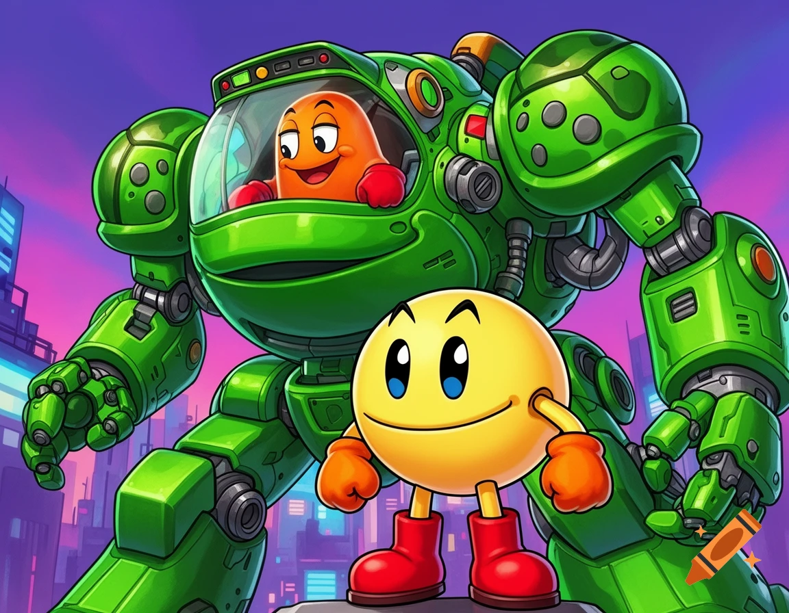 Pac-Man in orange mittens and red boots stands in front of a giant green frog mecha, with an orange ghost inside its cockpit.