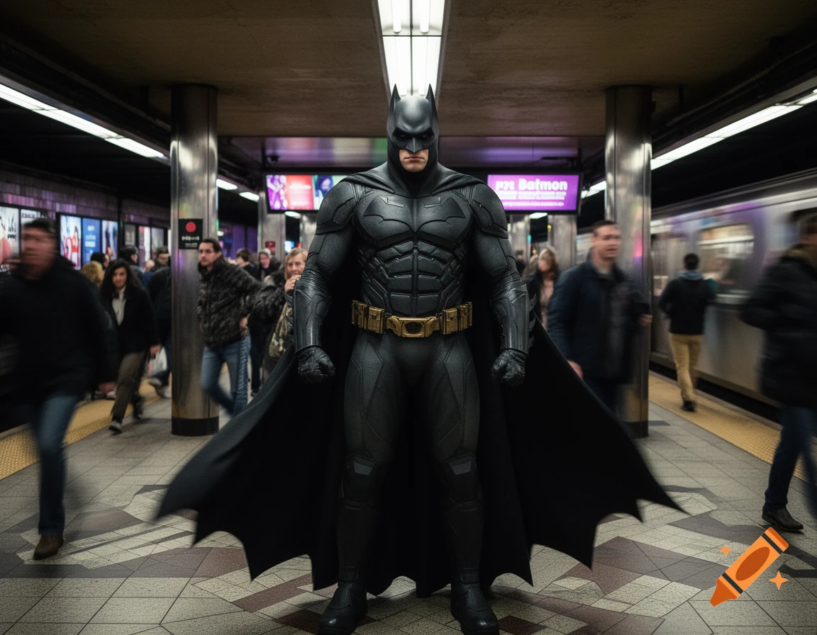 Batman stands in a bustling, dimly lit subway station as blurred commuters and a train pass by in this photorealistic image.