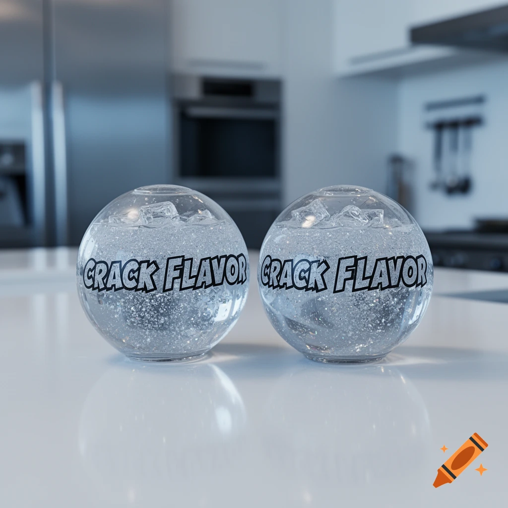Two clear, spherical drinks labeled 'CRACK FLAVOR' with ice and bubbly liquid on a white kitchen counter.