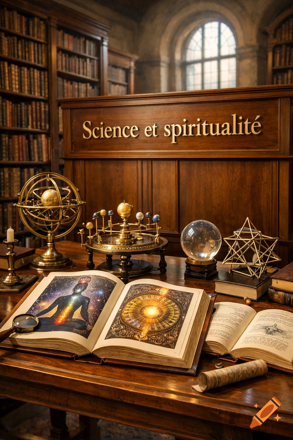 A richly detailed study desk features an armillary sphere, orrery, and open books showing spiritual art, beneath a wooden panel with "Science et spiritualité".