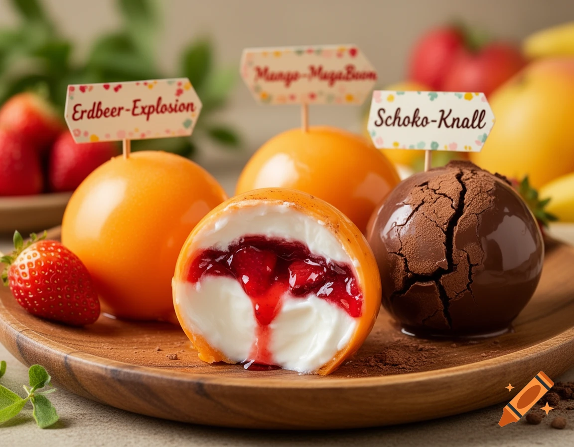 Three yogurt bombs on a wooden tray, one cut open to show strawberry jam and cream, with labels and fresh fruit.