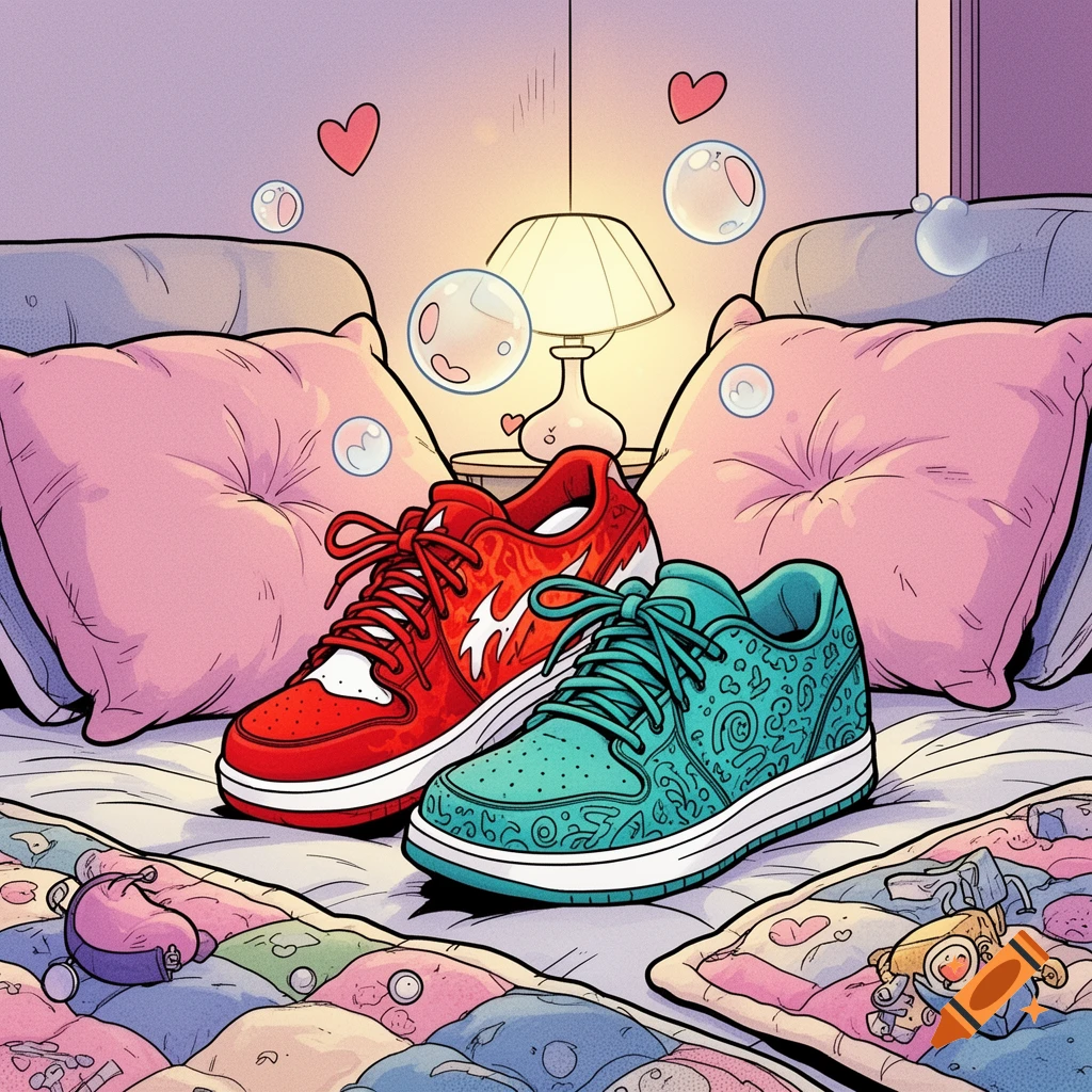 Two cartoon sneakers on a bed with pink pillows, a lamp, hearts, and bubbles, in a comic style.