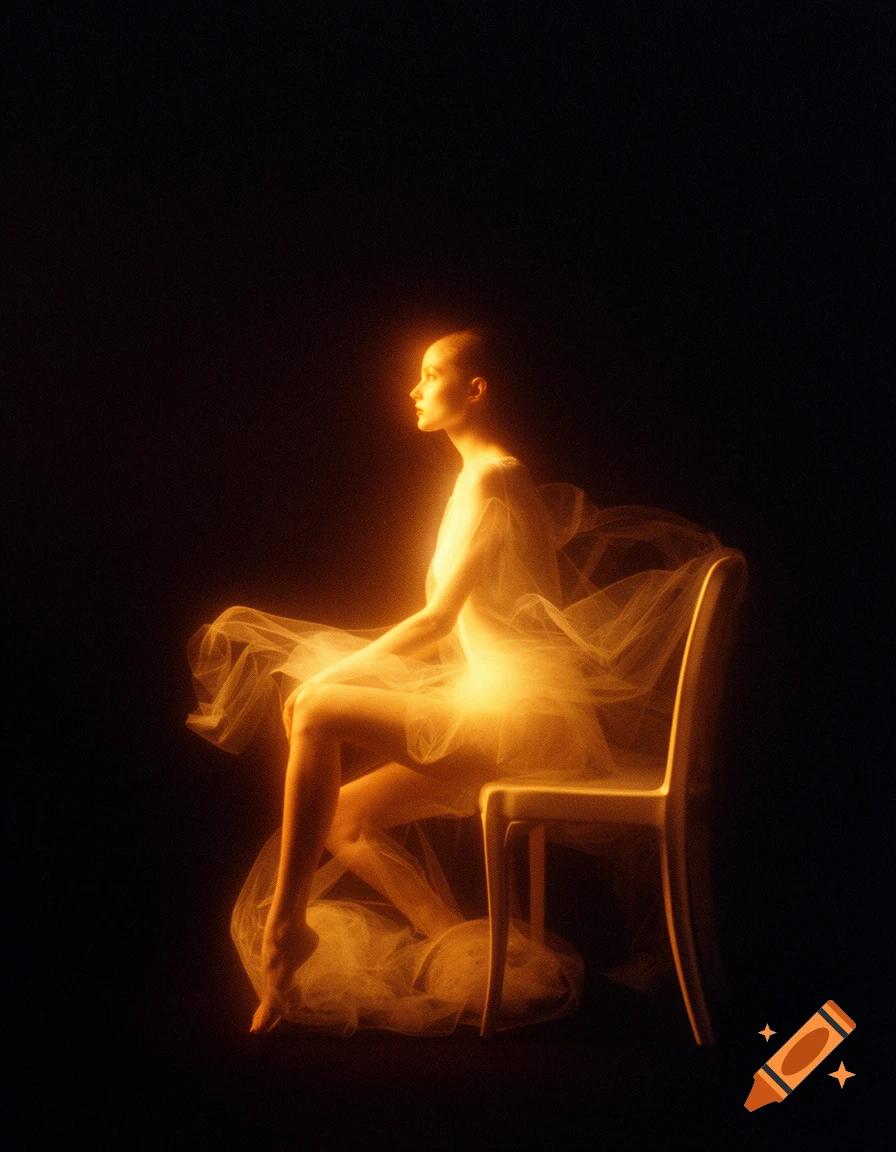A glowing, ethereal silhouette of a woman made of warm amber light, draped in sheer fabric, sits on a chair against a dark background.
