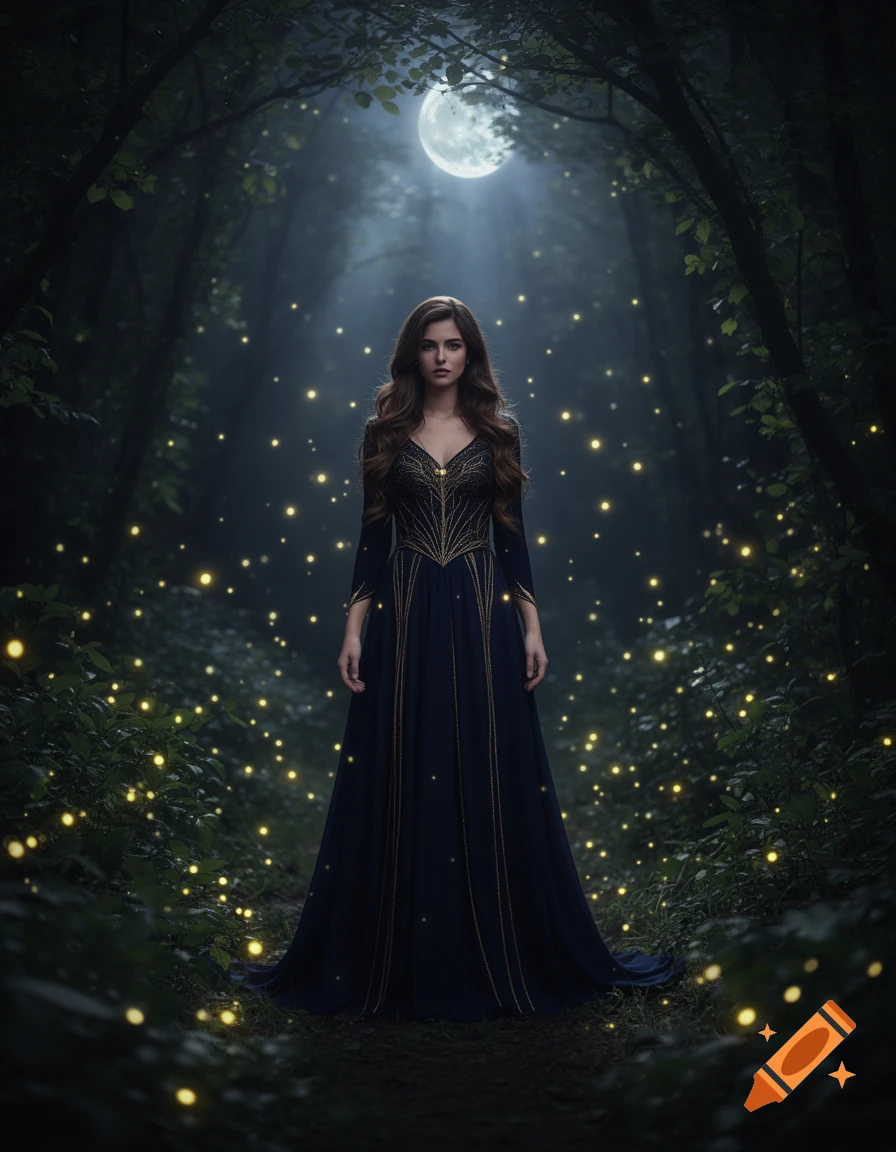 A mystical woman in a dark, flowing gown with golden accents stands in ...