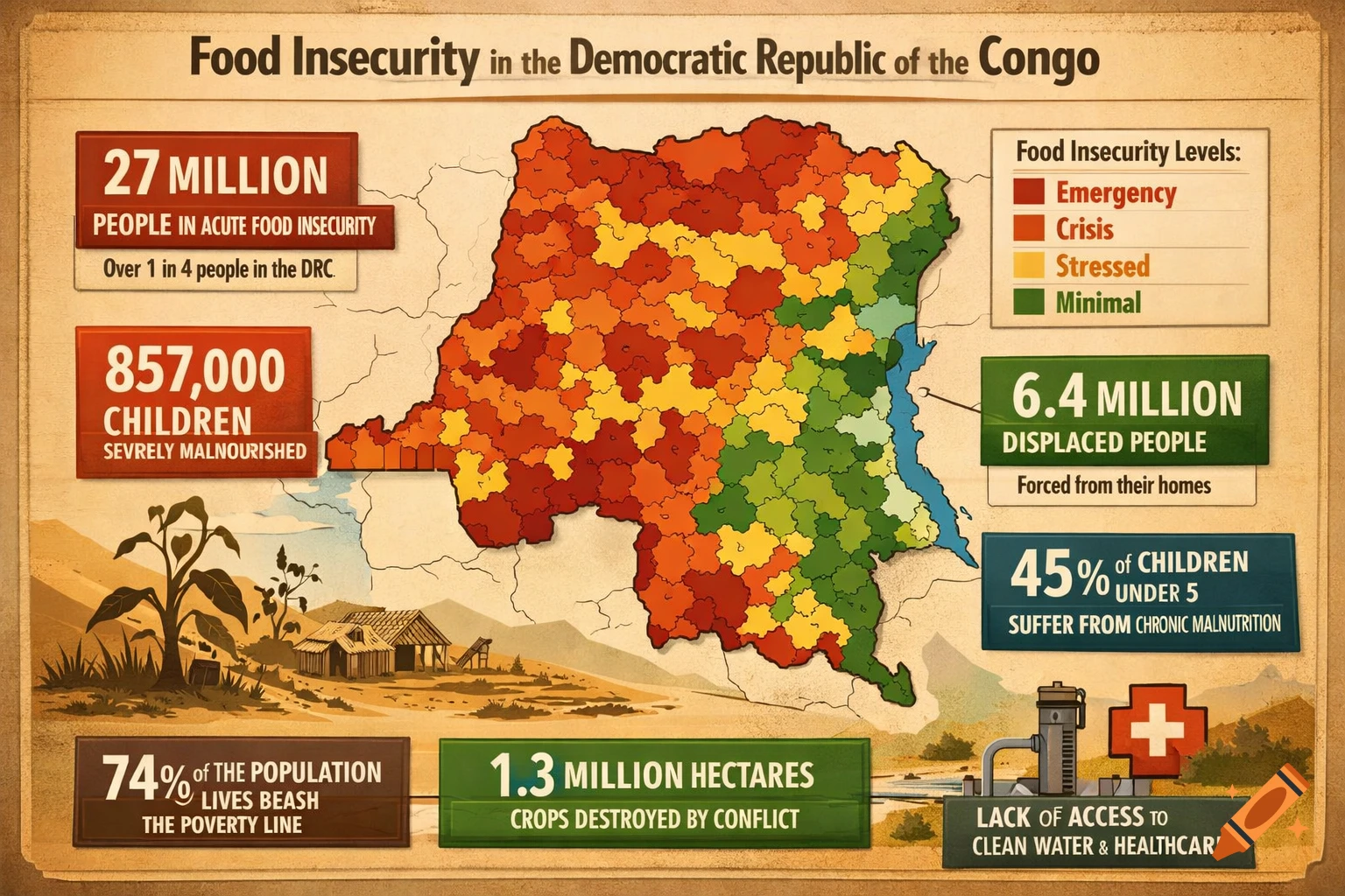 Infographic map showing food insecurity levels in the Democratic Republic of the Congo with various related statistics.