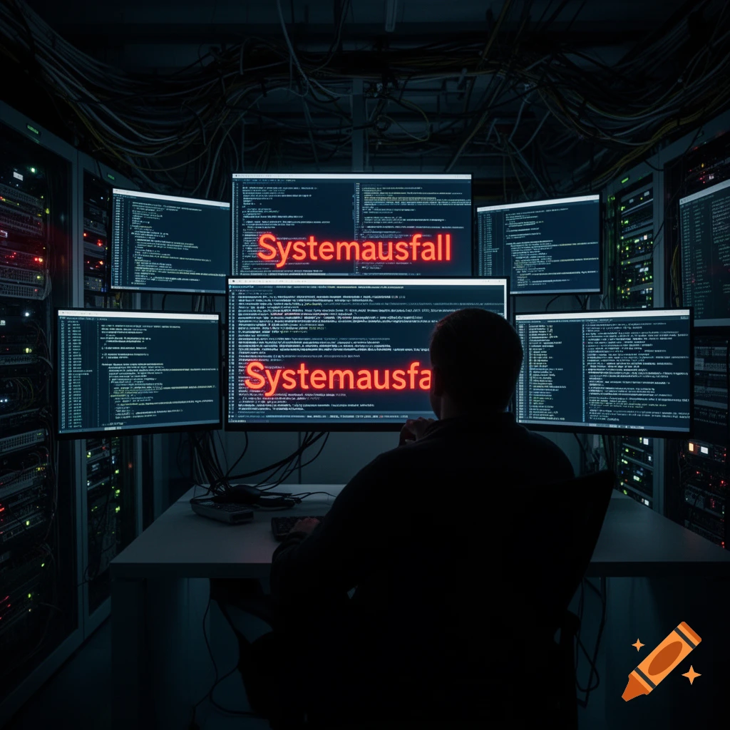 A person sits at a desk in a dark, cable-filled server room, illuminated by monitors displaying 'Systemausfall' in red.