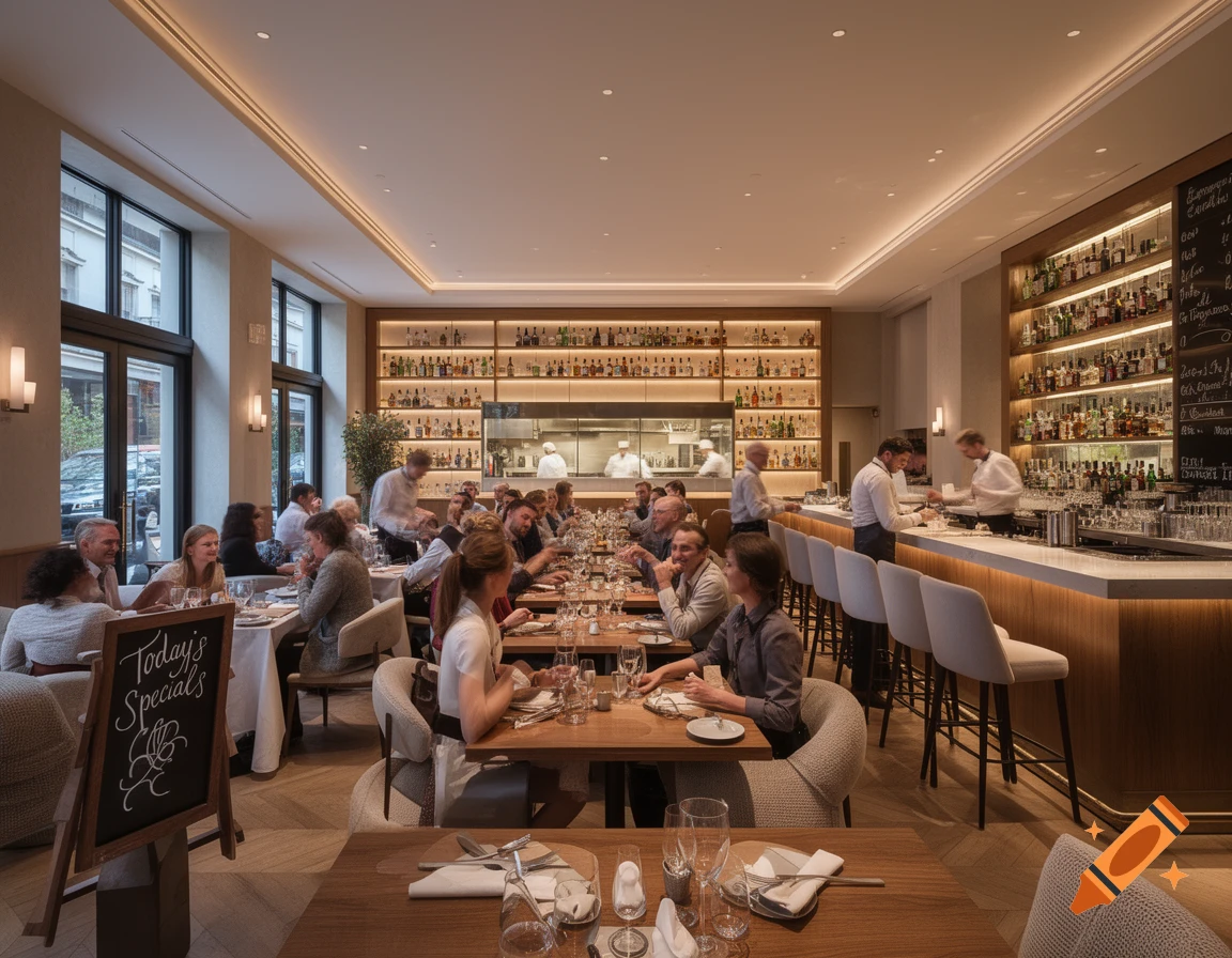A bustling modern restaurant and bar with many patrons dining and staff working.
