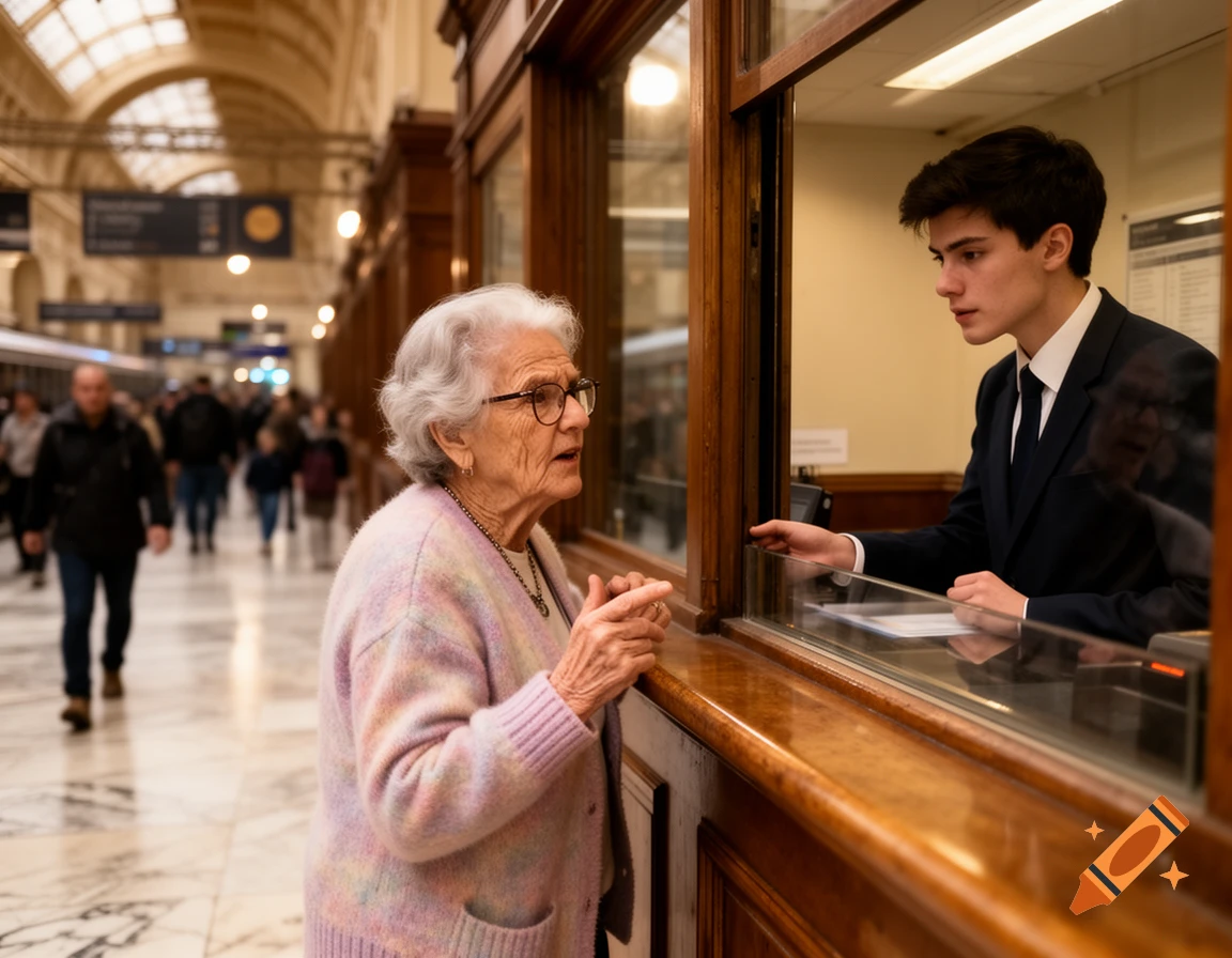 An elderly woman with grey hair and glasses talks to a young man in a suit at a service counter in a bustling train station.