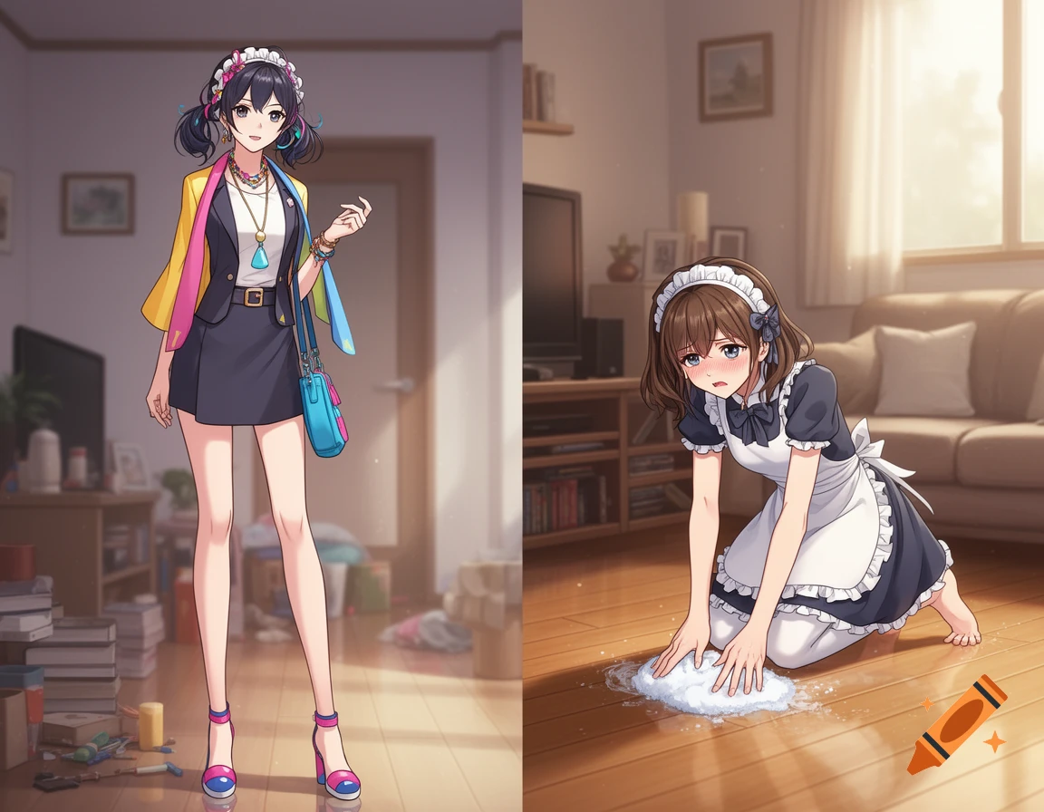 Two anime panels: on the left, a woman in a stylish multi-colored jacket; on the right, the same woman in a maid outfit, embarrassed, cleaning a floor.