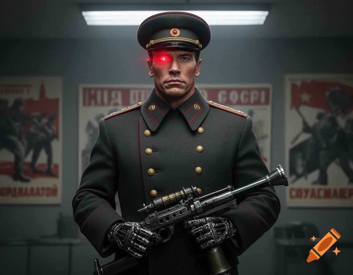 A serious cyborg resembling Arnold Schwarzenegger in a Soviet military uniform with glowing red eyes, holding a grenade launcher.