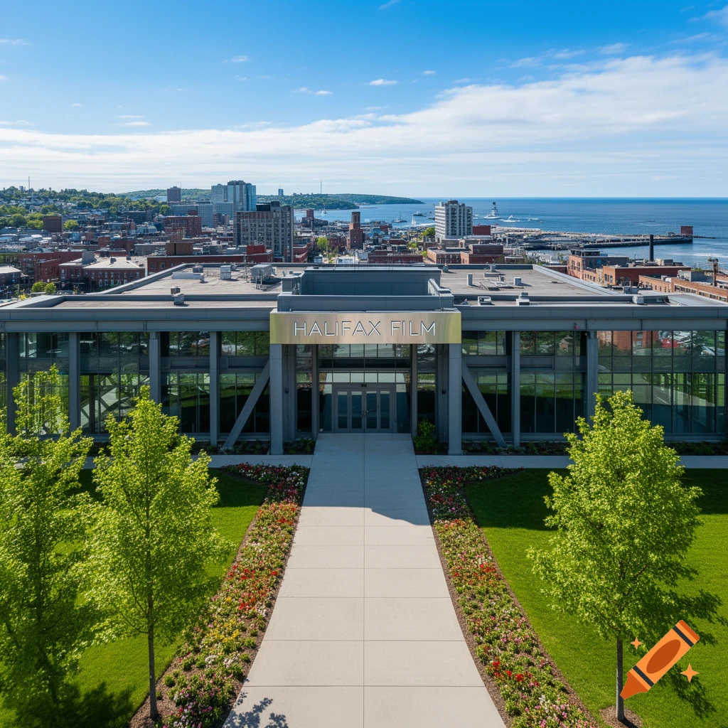 A modern building with a 'Halifax Film' sign, a green lawn, and a city skyline with an ocean harbor under a clear sky.