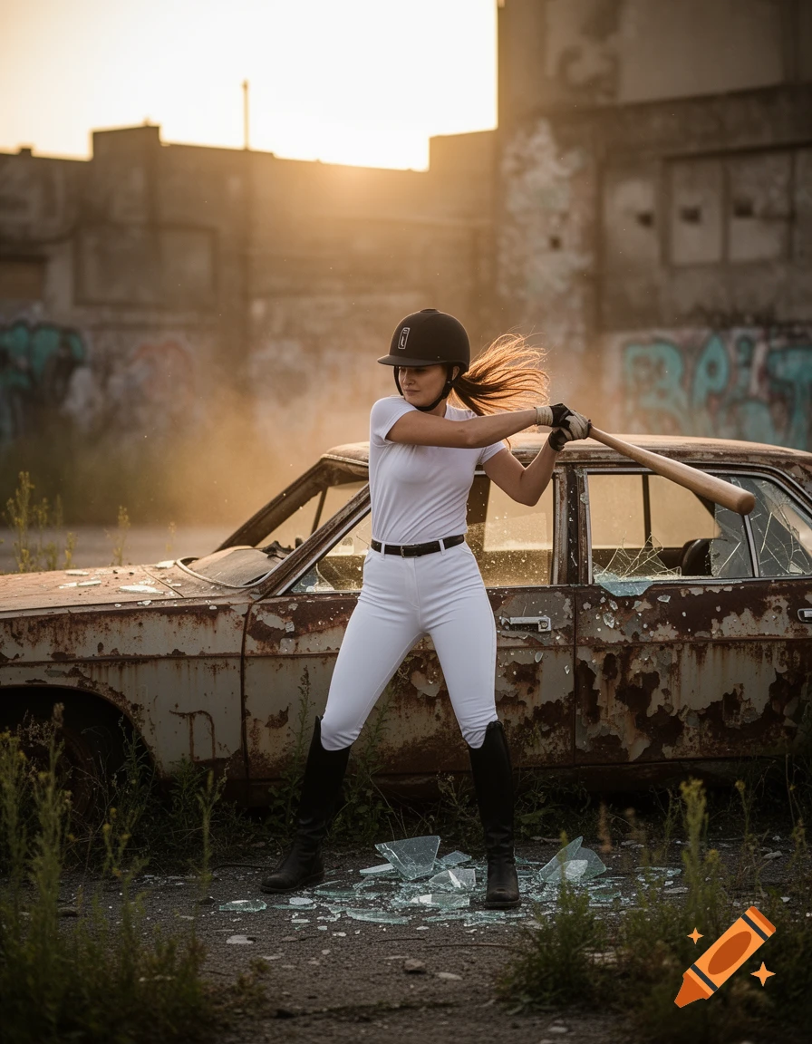 Woman in white equestrian gear swinging a baseball bat next to a rusty car with broken windows in an urban setting.