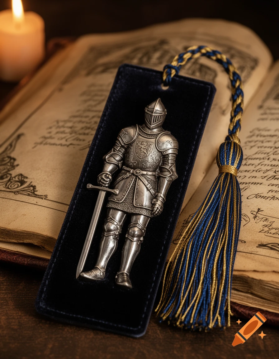 A detailed silver knight bookmark with a blue and gold tassel lies on an open antique book next to a lit candle.