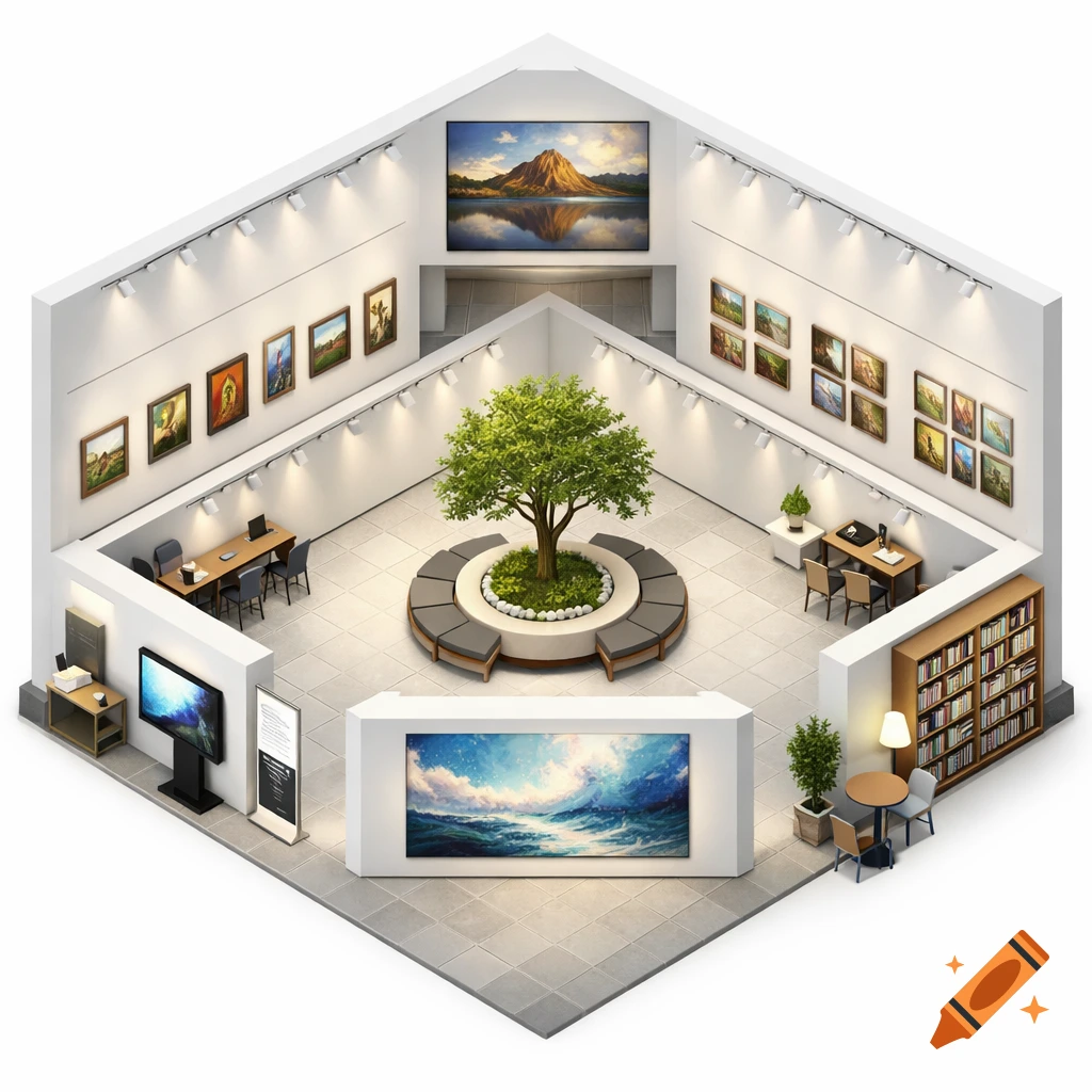 Bird's-eye isometric view of a modern white art gallery with numerous paintings, a central tree, circular seating, and a bookshelf.