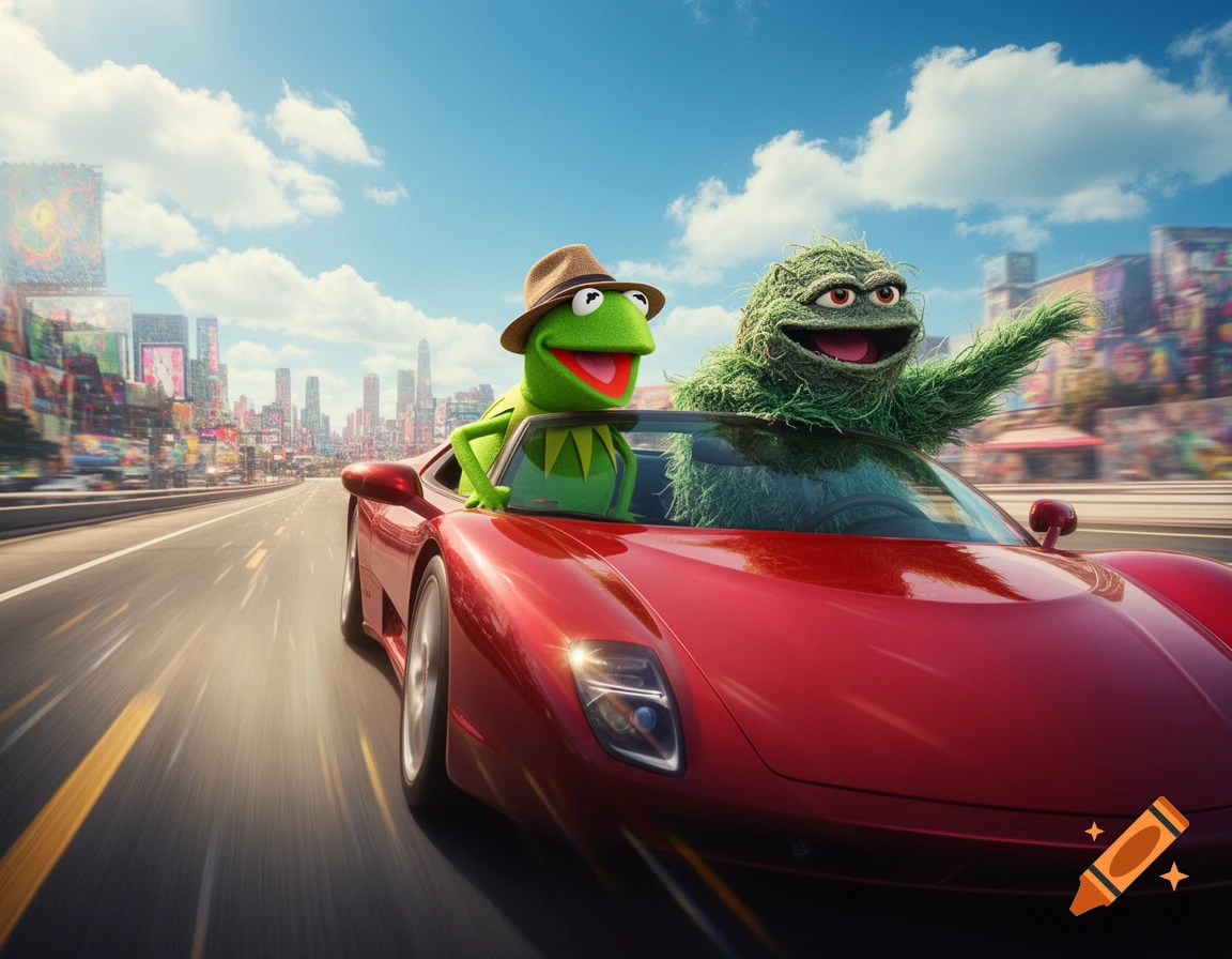 Kermit the Frog and Oscar the Grouch ride in a red sports car on a highway with a blurred cityscape background.