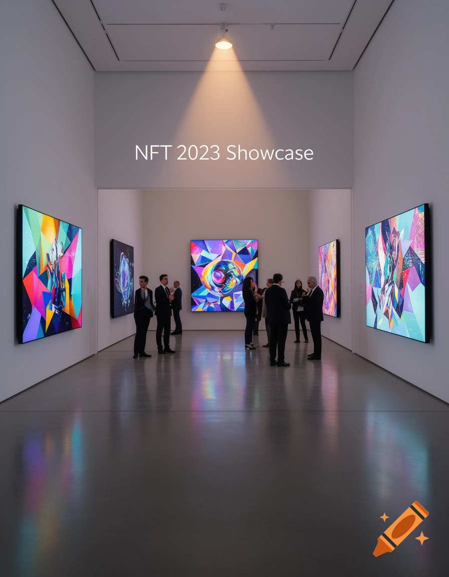 A modern art gallery featuring an 'NFT 2023 Showcase' with abstract digital artwork on brightly lit screens and several people observing the art.