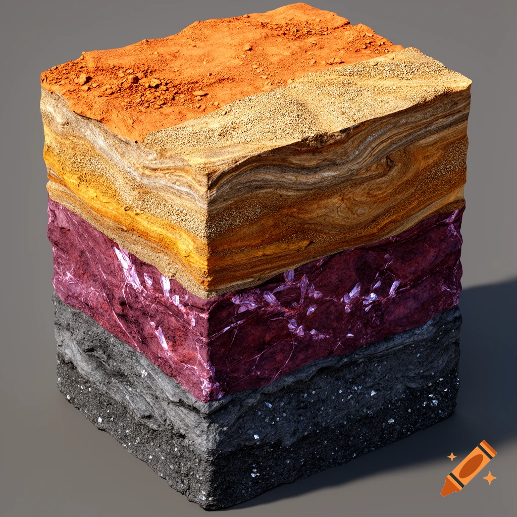 A 3D model showing a cross-section of four stacked geological sediment layers with varying colors and textures.