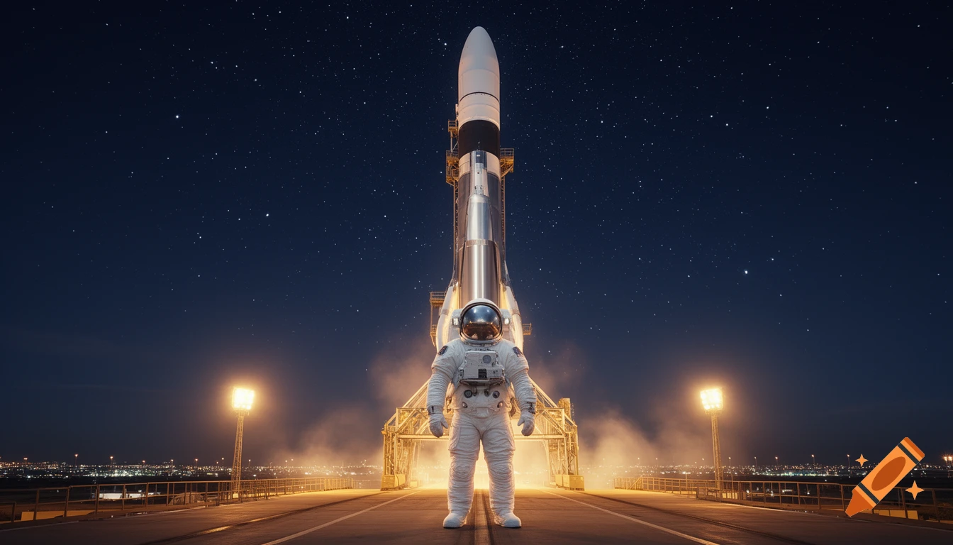 Photorealistic image of an astronaut in a spacesuit standing on a launch pad in front of a tall rocket at night, with city lights and stars.