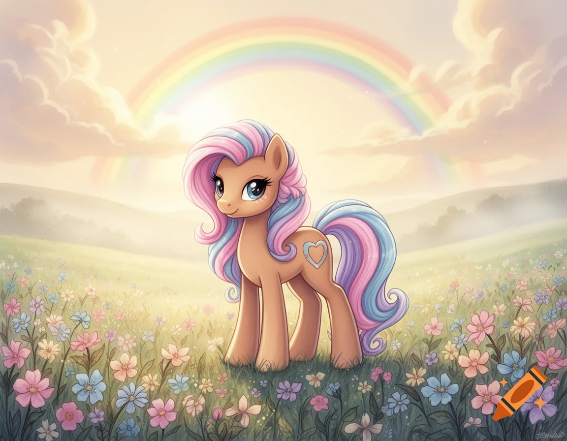 A cute brown cartoon pony with pastel pink, blue, and purple mane and tail stands in a flower-filled meadow under a rainbow and sunset clouds.