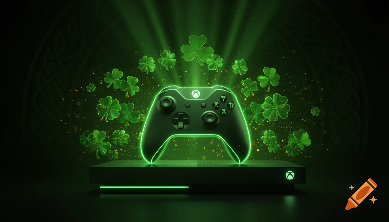 Glowing green Xbox controller and console with shamrocks and gold sparkles against a dark background, St. Patrick's Day theme.