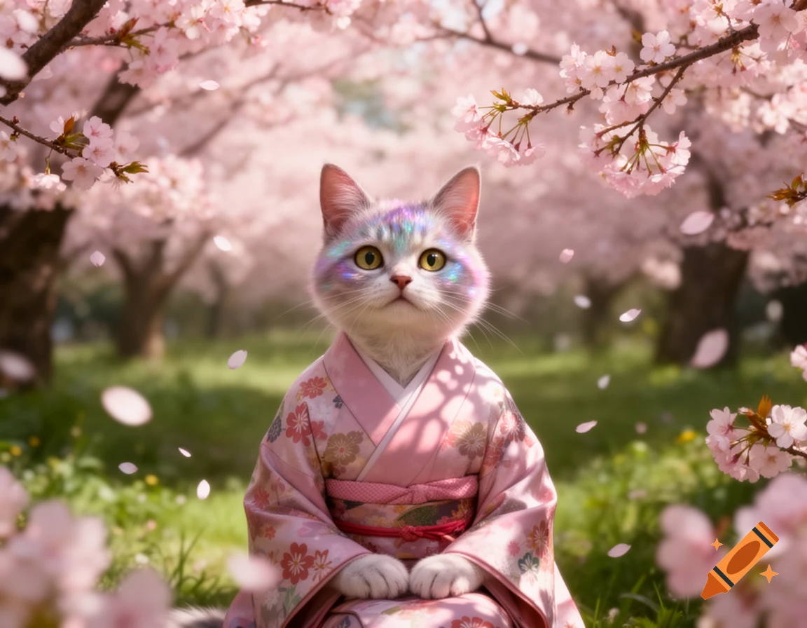A white cat with iridescent fur on its face sits wearing a pink floral ...